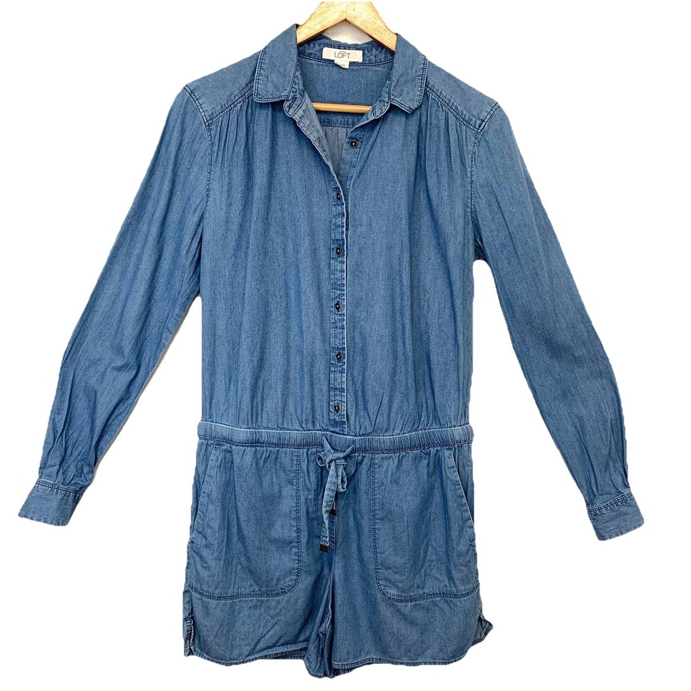 Loft Chambray Long Sleeve Romper Shorts Woman Small Blue Pockets Cinch Waist Tie